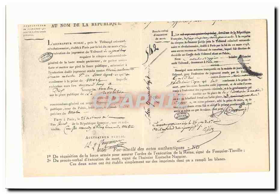 Paris (1er) CPA conciergerie fac simile des actes authentiques Execution de la reine par Fouqier Tinville