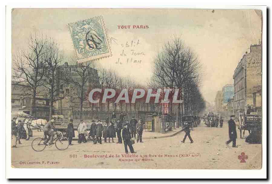 Paris (19eme) CPA Boulevard de la Villette la rue de Meaux Rampe du MEtro (tres animee) oblit Jour de l'an sur Blanc