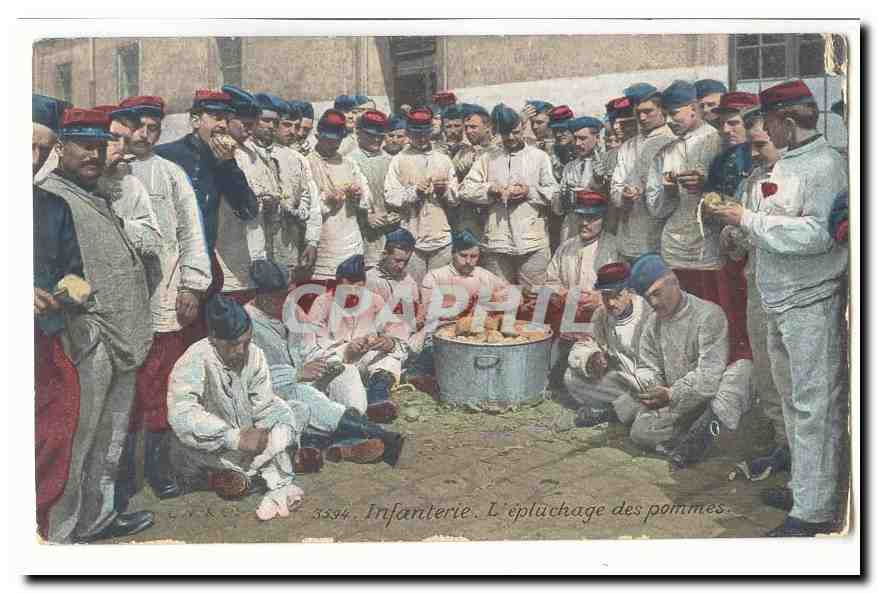 CPA Militaria Infanterie L'epluchage des pommes (Saint Dizier Textile vetements Paul Venot rue Gambetta) TOP