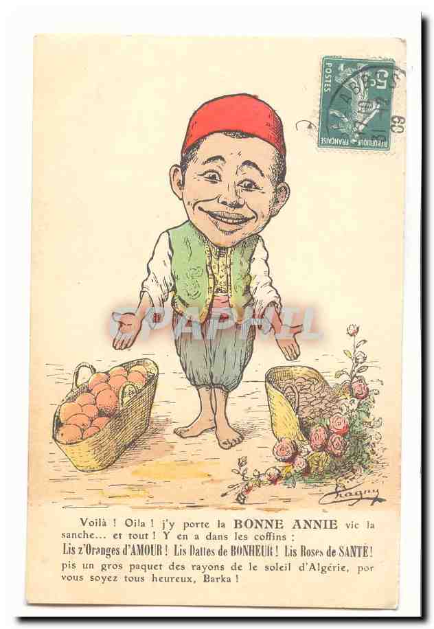Marchand d'oranges et de roses — caricature d'un homme en fez — éditeur Ragny