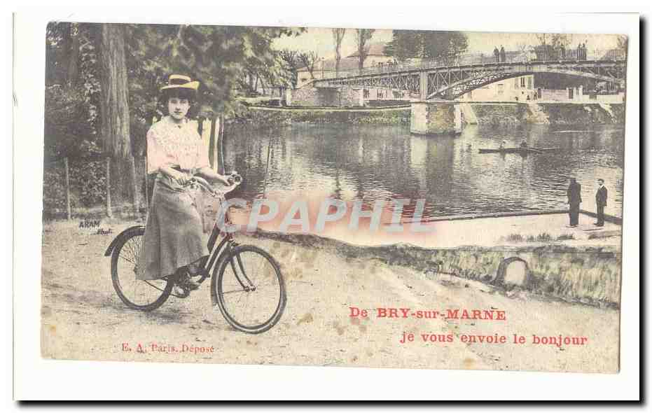 CPA De Bry sur MArne je vous envoie le bonjour (chemin de fer train cycliste cycle velo)