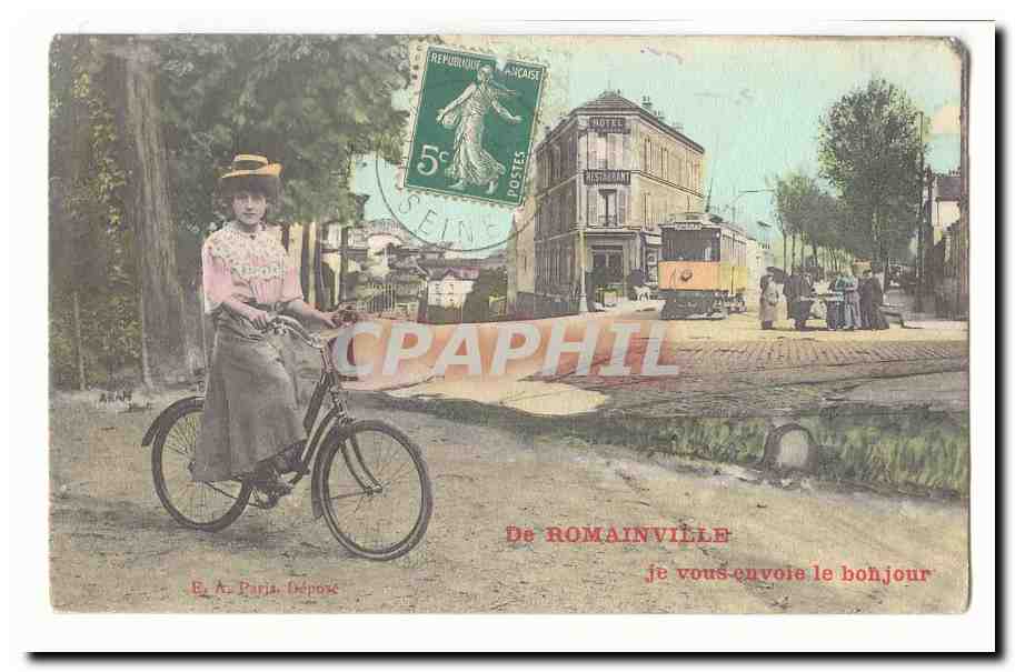 CPA De Romainville je vous envoie le bonjour (chemin de fer train velo cycliste)