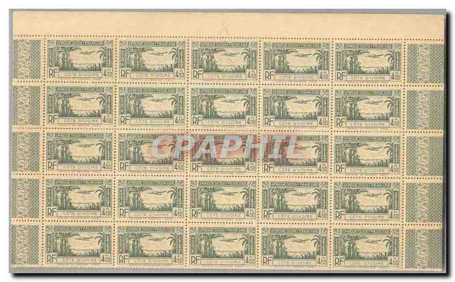 Cote d´Ivoire FEUILLE COMPLETE DE 100 TP Poste Aerienne 3 4f50 Ver olive ** TTB