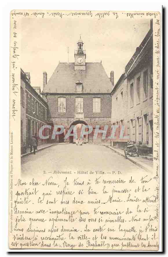 Ribemont CPA Hotel de ville (carte precurseur) (aniemee rare moto)