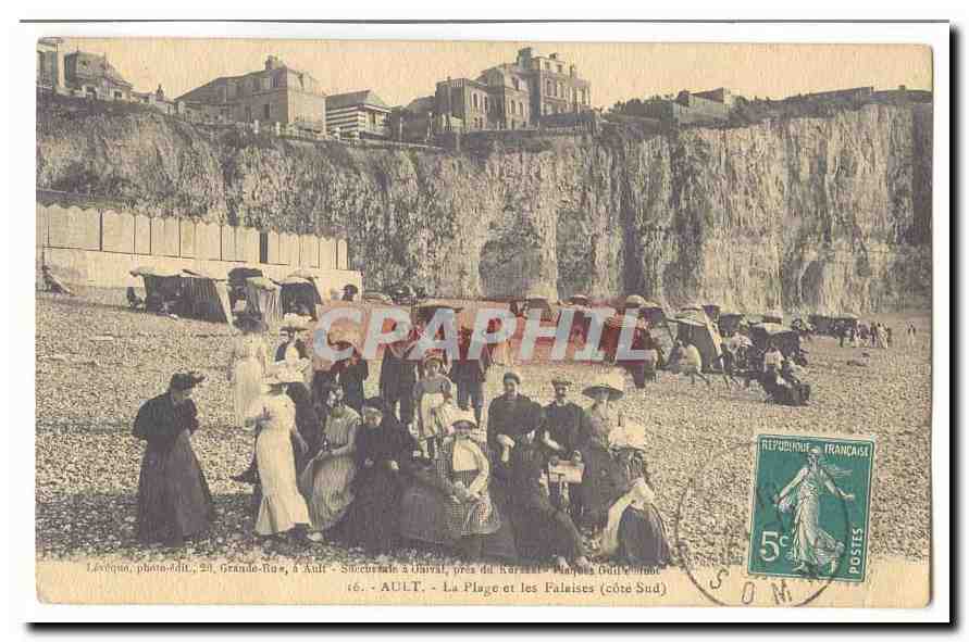 Ault - La Plage et les Falaises (côte Sud) — Société à l'Inval, près du Kursaal - Marque d'oblitération — éditeur Laveque, photo-édit. 20, Grande-Rue, à Ault