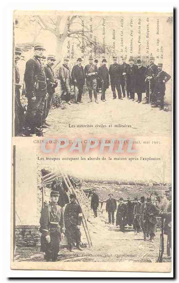 Les autorités civiles et militaires — Les troupes occupant les abords de la maison après l'explosion — Crime d'Ussau, phot. Chastellernau