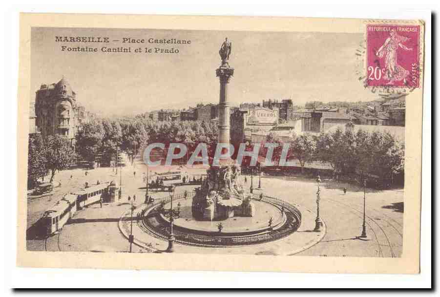 Marseille CPA Place Castellane Fontaine CAntini et le Prado (tramways)