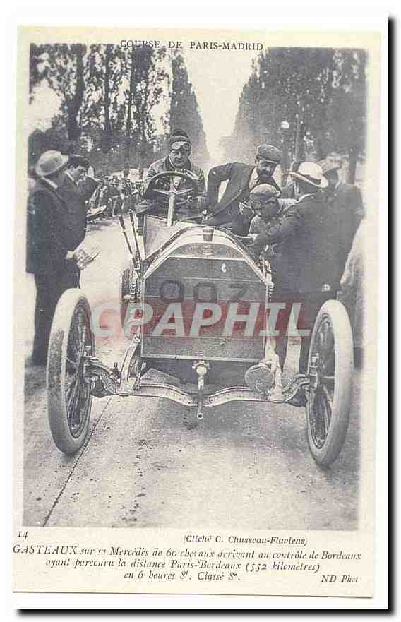 REPRODUCTION Gasteaux sur sa MErcedes de 60 chevaux arrivant au controle de Bordeaux (Paris Bordeaux)