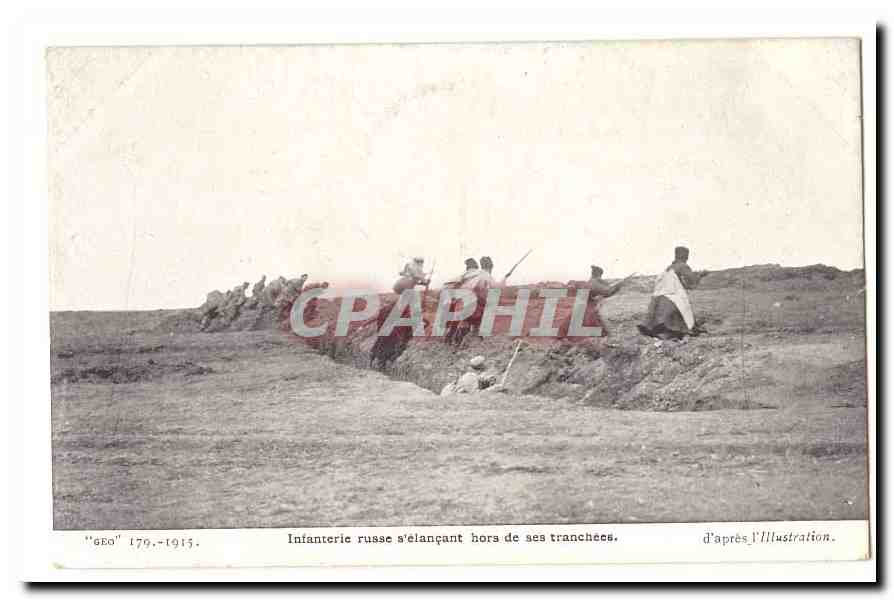 Russische infanterie die zich uit zijn schuttersgaten stort — naar L'Illustration — "GEO" 179-1915