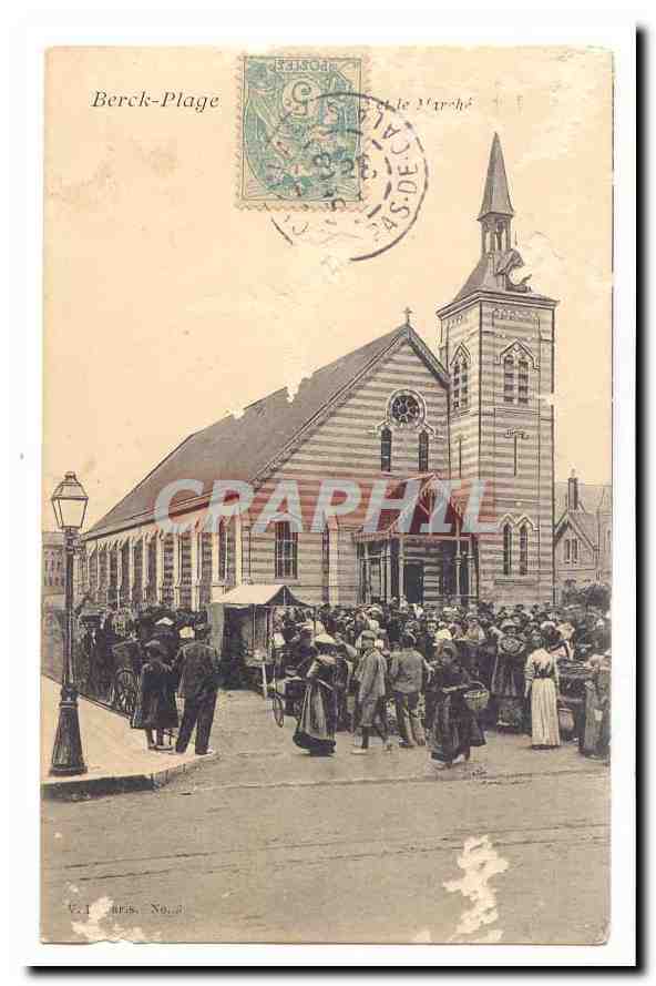 Berck Plage CPA L'eglise et le marche (tres animee)
