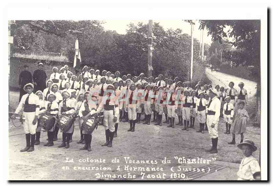CPA La colonie de vacances du Chantier en excursion a Hermance (Suisse) Dimanche 7 aout 1910 (reproduction)