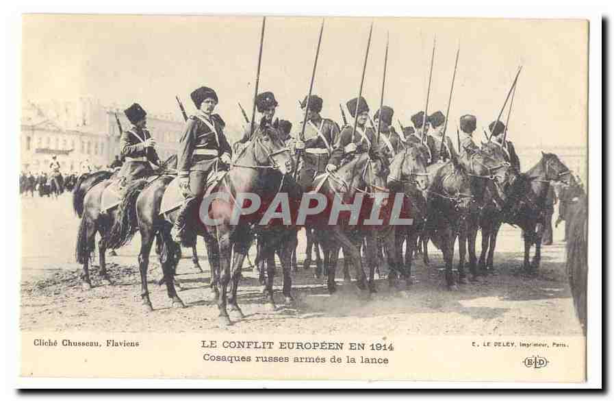 Le conflit europeen en 1914 CPA Cosaques russes armes de la lance