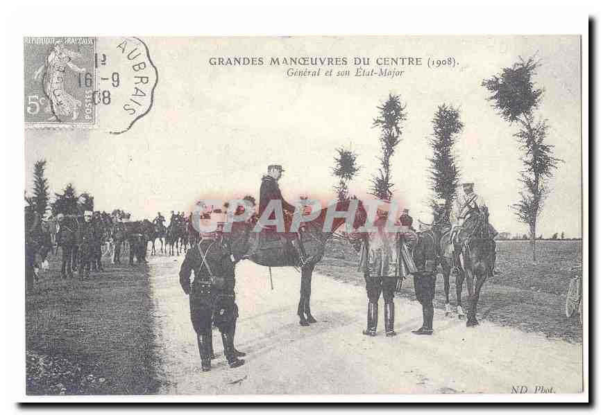 Grandes manoeuvres du centre (1906) CPA General et son Etat Major (reproduction)