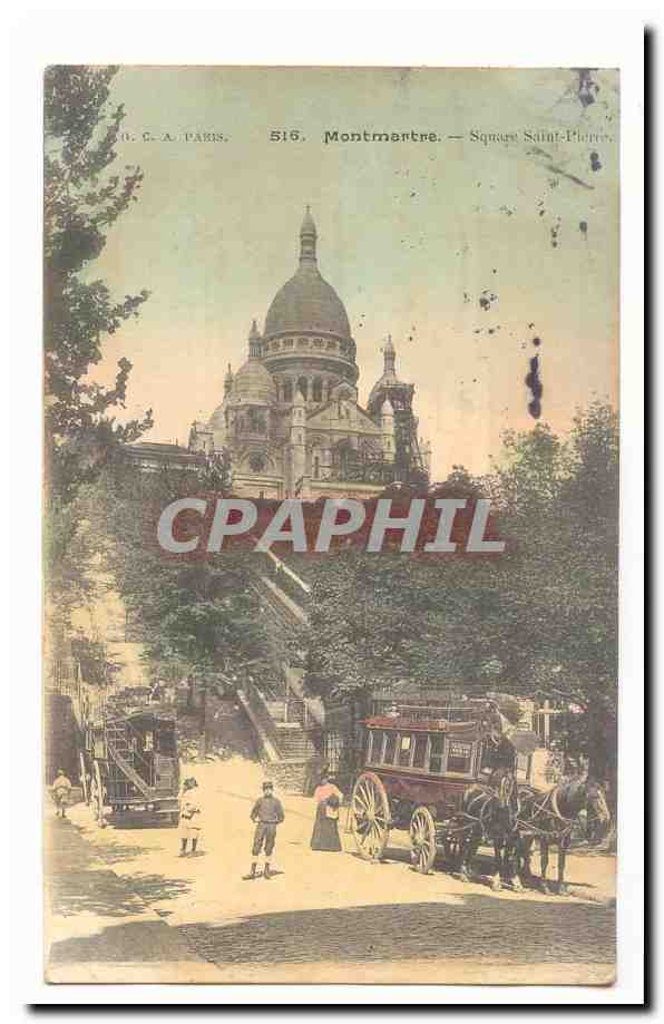 Paris CPA montmartre Square Saint Pierre (caleche chevaux) (animee)