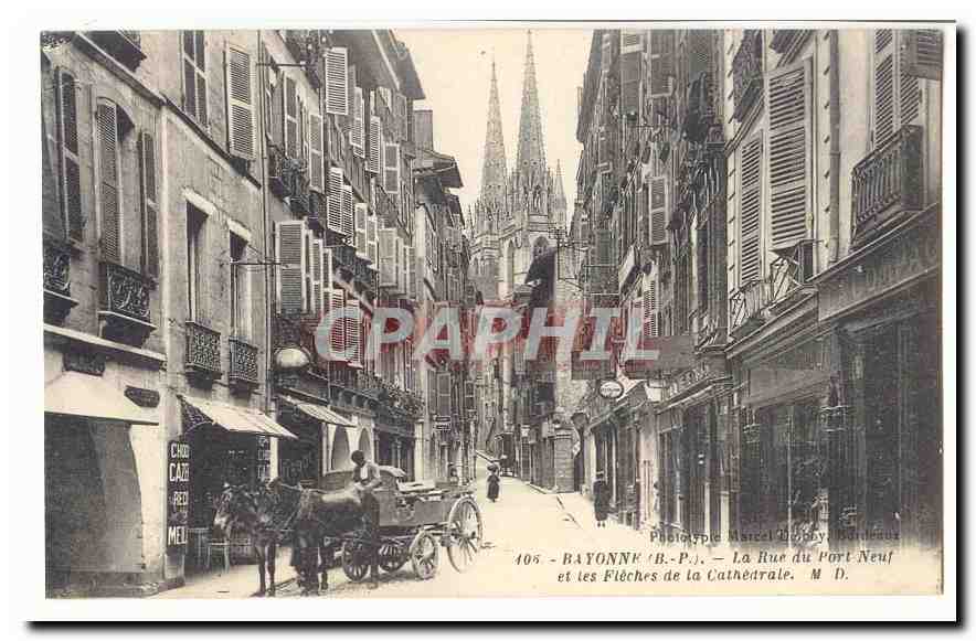 Bayonne CPA La rue du Port neuf et les fleches de la cathedrale (animee)