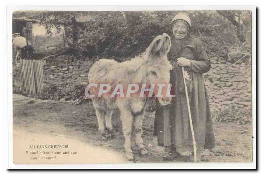 En el país creusoise — Una mujer sonriente con un burro — A. de Soubey, Tain-l'Hermitage