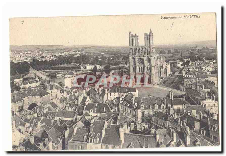 Panorama de MANTES — vue aérienne de la ville avec la cathédrale — éditeur CPAPHIL, n° 17 - Anverso