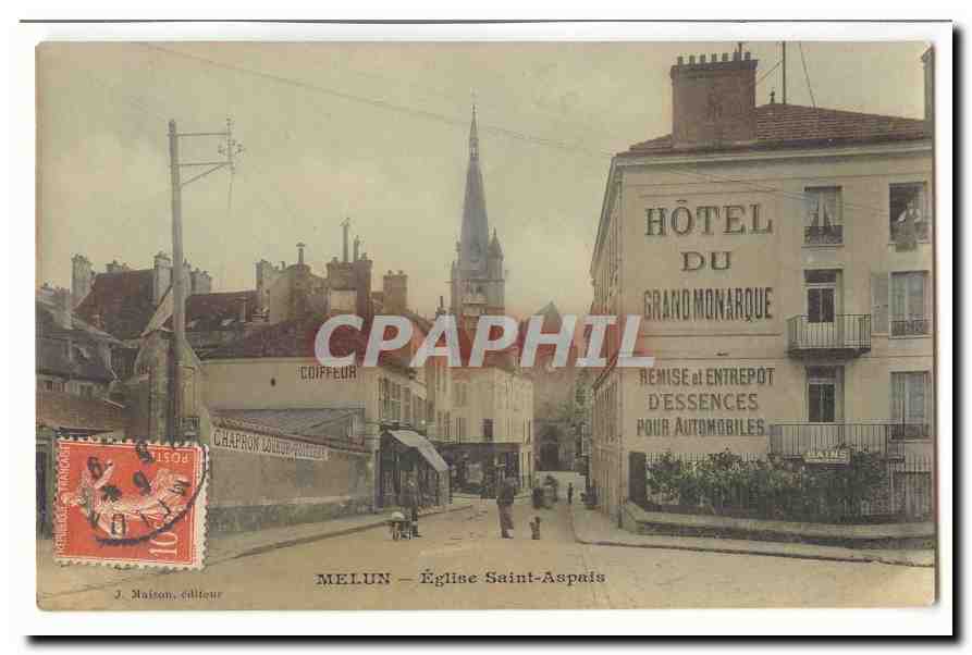 Melun CPA Eglise Saint Aspais (Hotel du Grand Monarque coiffeur)