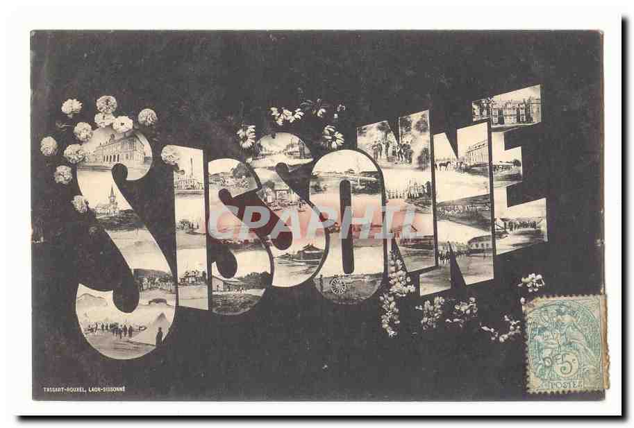 Sussone — Carte postale artistique avec lettres intégrant des scènes locales — Tassant-Rouquel, Loir-et-Cher