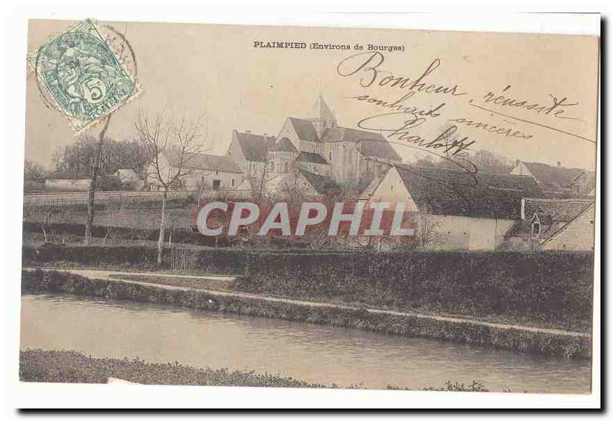 Plaimpied (Environs de Bourges) — vue du village avec église et canal — éditeur non identifié - Anverso
