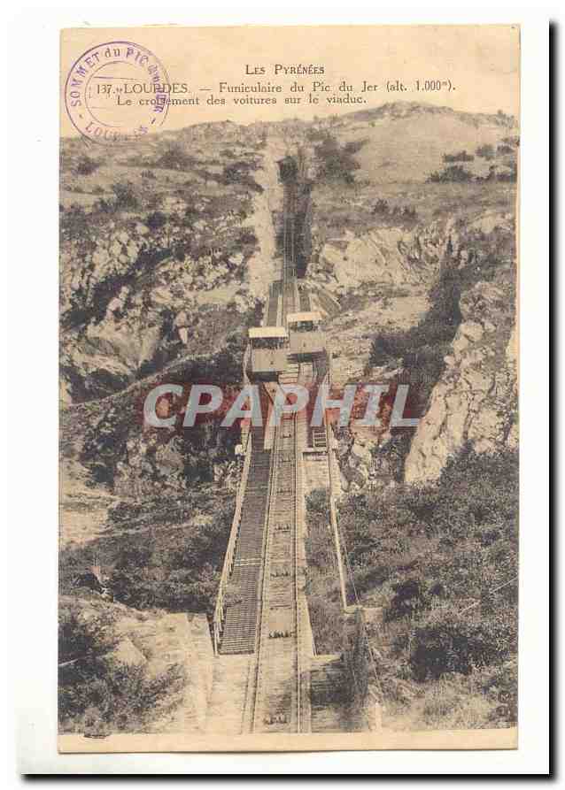 Lourdes CPA Funiculaire du pic du jer (1000m d'alt) Le croisement des voitures sur le viaduc