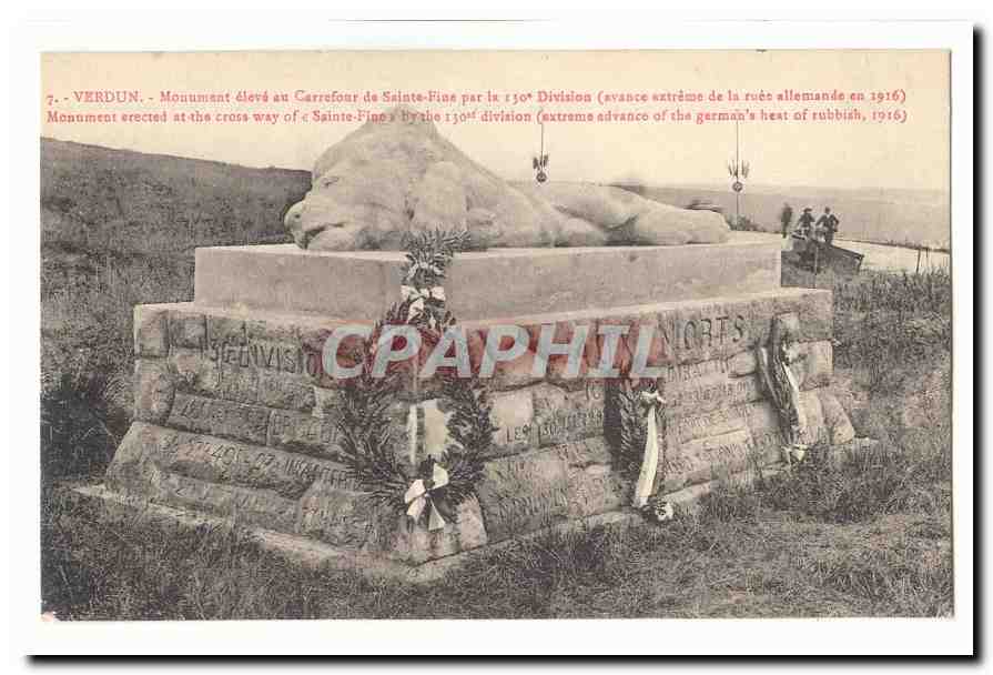 Verdun CPA Monument eleve au carrefour de Sainte Fine par la 130 division (lion)