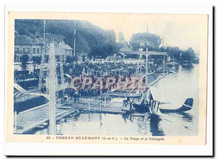 Persan Beaumont CPA La plage et le toboggan (avion hydravion)