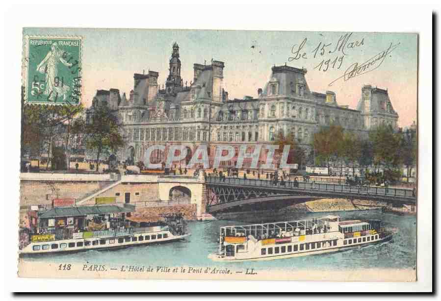 Paris (1er) CPA l'hotel de ville et le pont de l'arcole (peniche s bateaux) Pub au dos Benoist Ferme du Raciney Orcemont