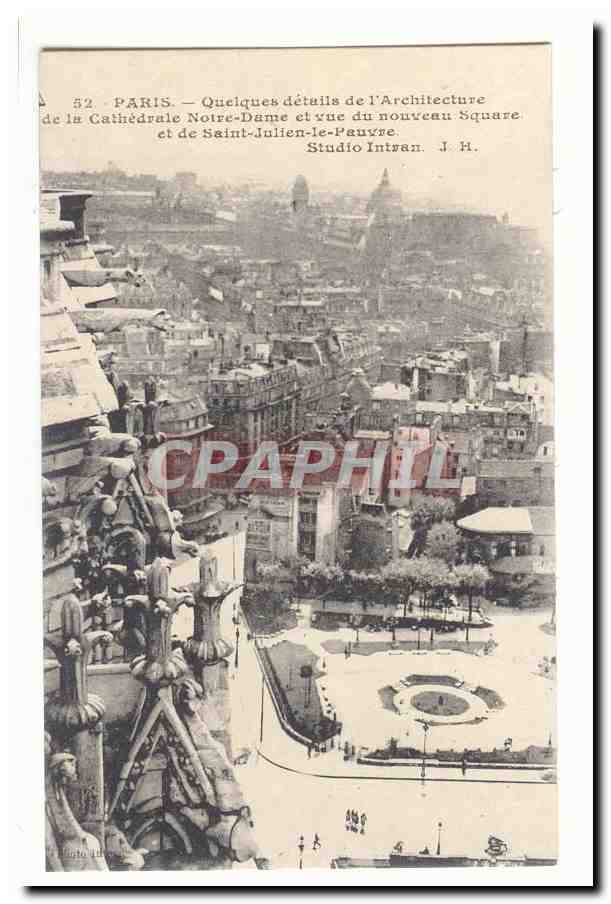 Paris CPA Quelques details de l'architecture de la cathedrale notre Dame et vue du nouveau square et de Saint Julien des