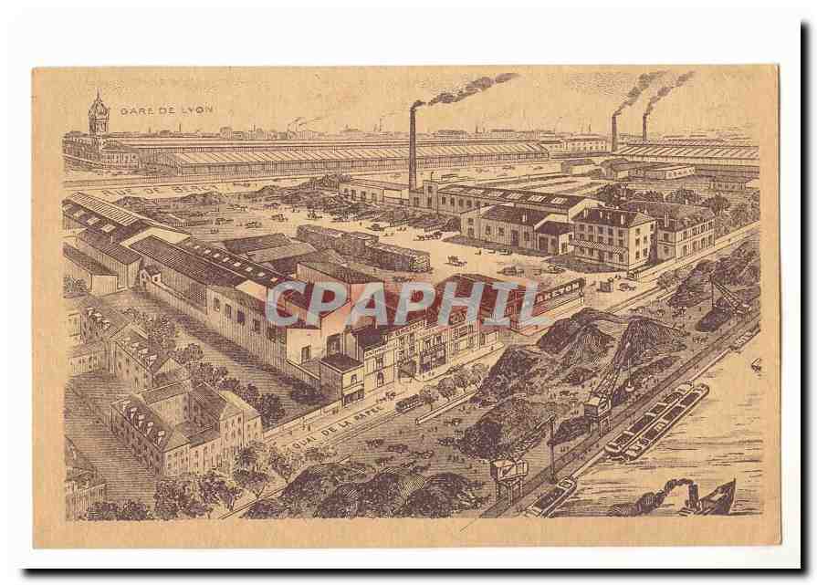 Paris Gare de Lyon Quai de la Rapee Fabrik Antike Ansichtskarte + Adresse auf der Rückseite Charbon Breton