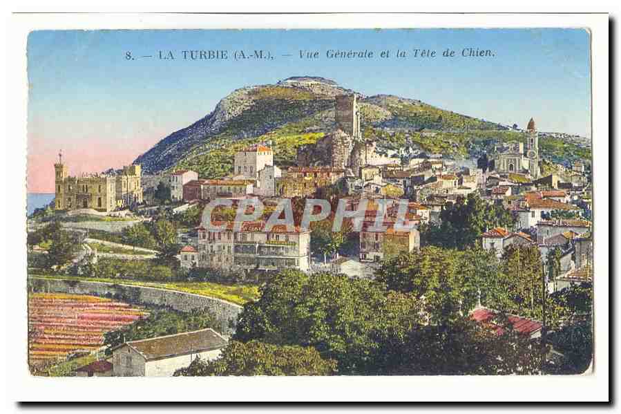 La Turbie CPA Vue generale et la tete de chien