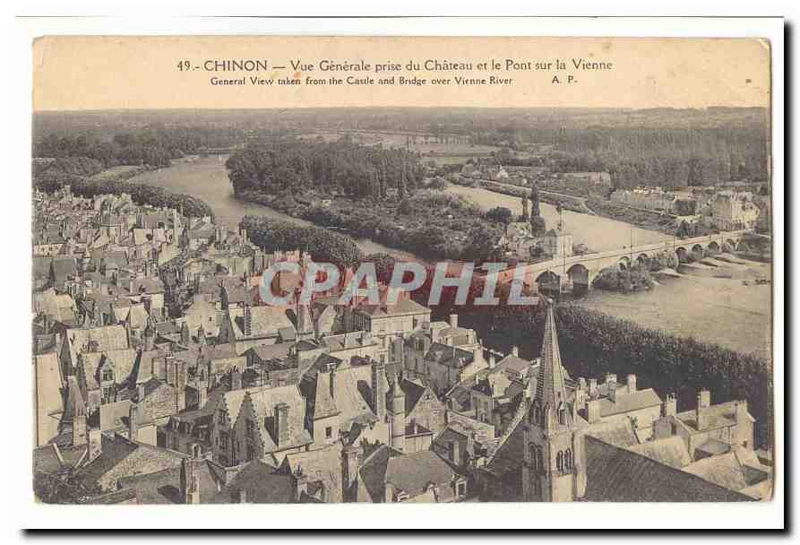 Chinon CPA Vue generale prise du chateau et le pont sur la Vienne