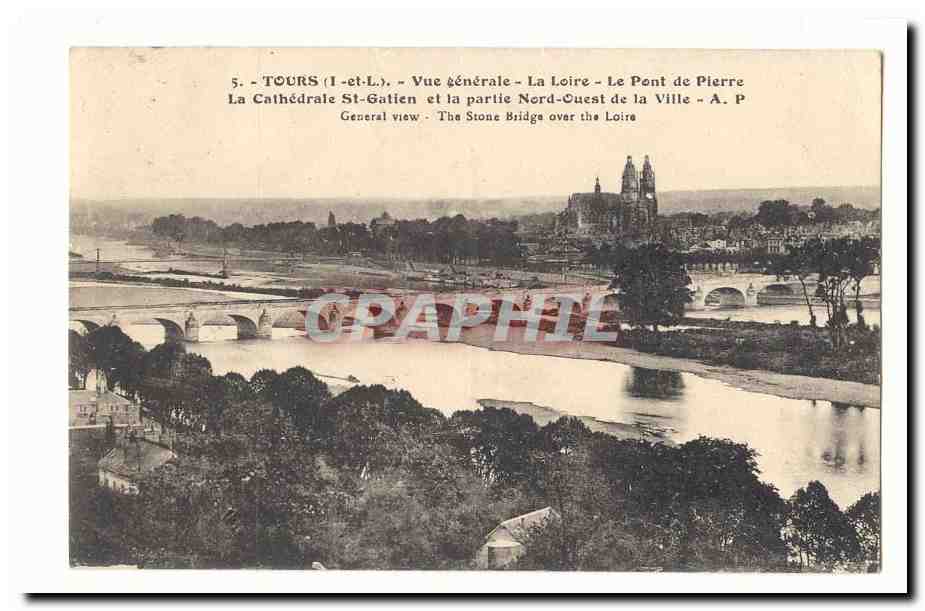 Tours CPA Vue generale La Loire Le pont de pierre