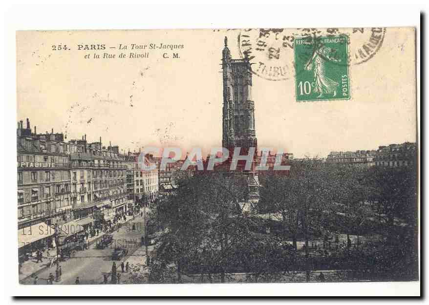 Paris CPA La Tour St Jacques et la rue de Rivoli