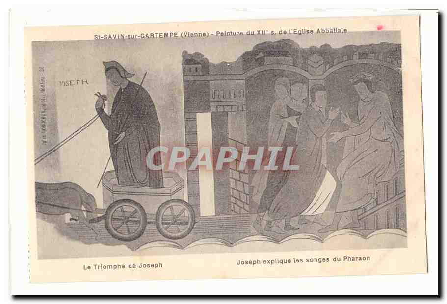 Le Triomphe de Joseph — Joseph explique les songes du Pharaon — St-SAVIN-sur-GARTEMPE (Vienne) - Peinture du XIIe s. de l'Église Abbatiala