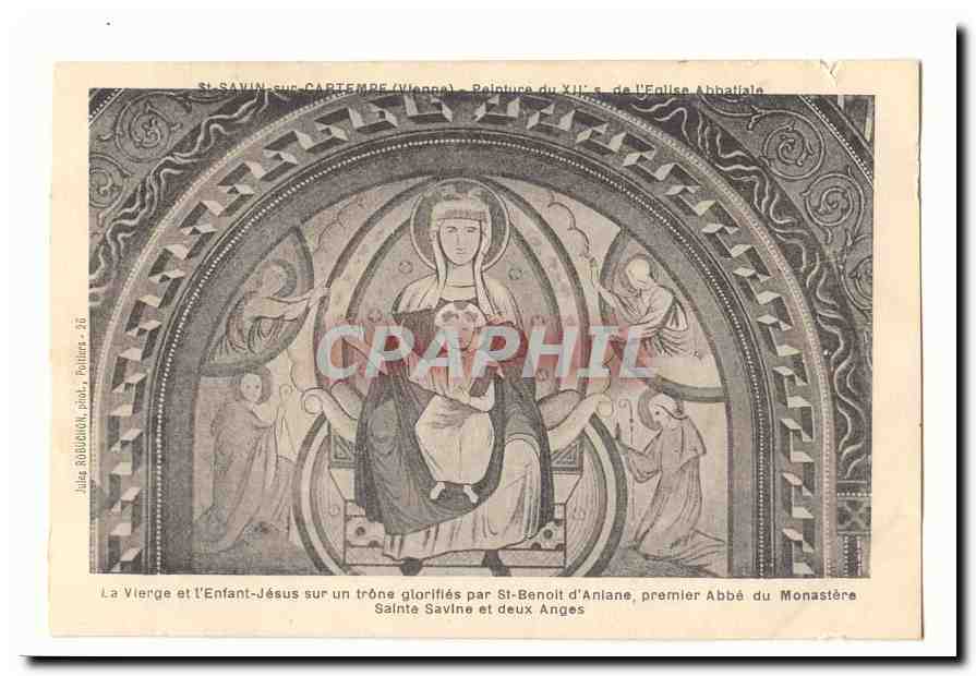La Vierge et l'Enfant-Jésus sur un trône glorifiés par St-Benoît d'Aniane, premier Abbé du Monastère Sainte Savine — Peinture du XIIIe siècle de l'Église Abbatiale — Julies Robbion, phot. Poitiers - 26