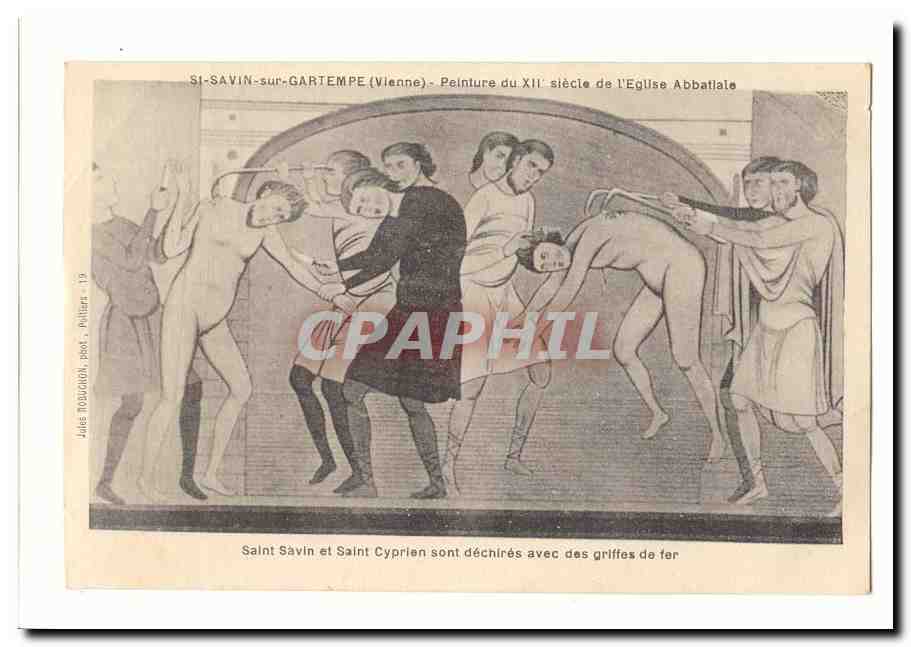 Saint Savin et Saint Cyprien — martyrs déchirés — peinture du XIIe siècle — éditeur Jules ROUSSELIN, n°19