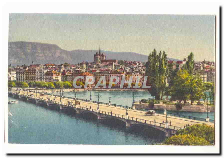 Suisse CPA Geneve pont du Mont Blanc et vue sur la ville