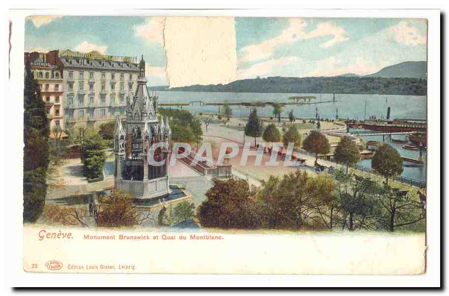 Suisse CPA Geneve Monument Brunswick et Qaui du Montblanc
