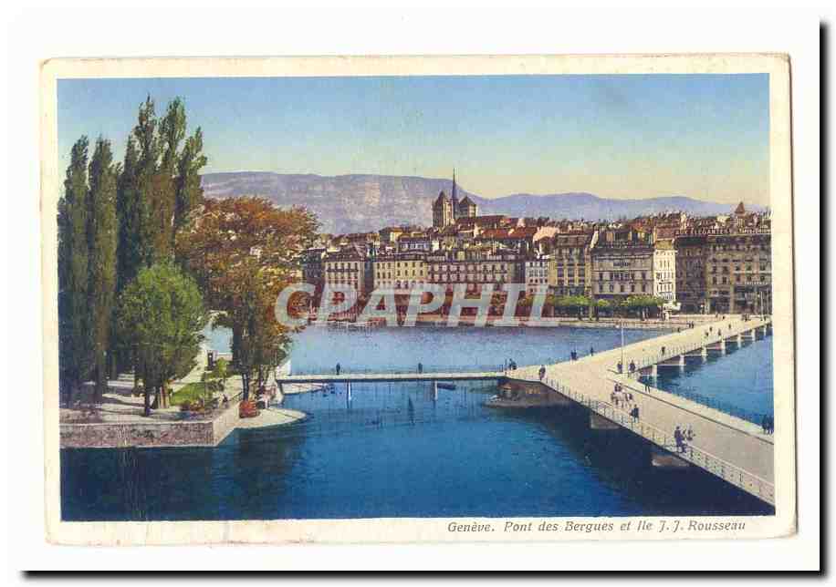Suisse CPA Geneve Pont des bergues et ile J J Rousseau