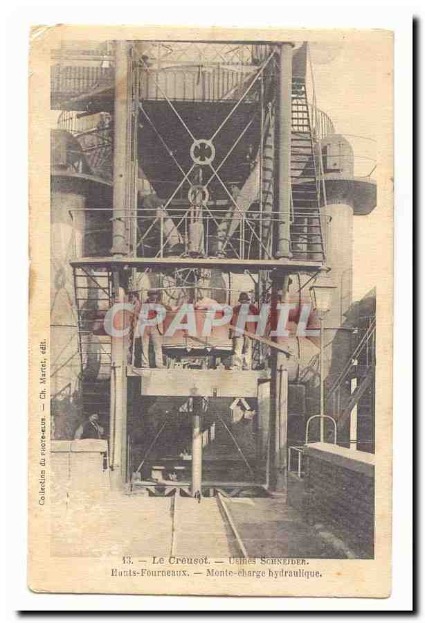 Hunts-Fourneaux — Ascensor hidráulico — Fábricas Schneider — Ch. Martet, edit.