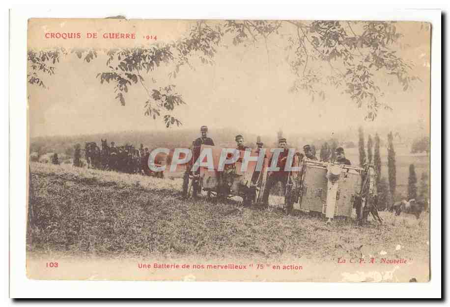 Batterie de 75 en action — Croquis de Guerre 1914 — La C. P. A. Nouvelle, n° 103