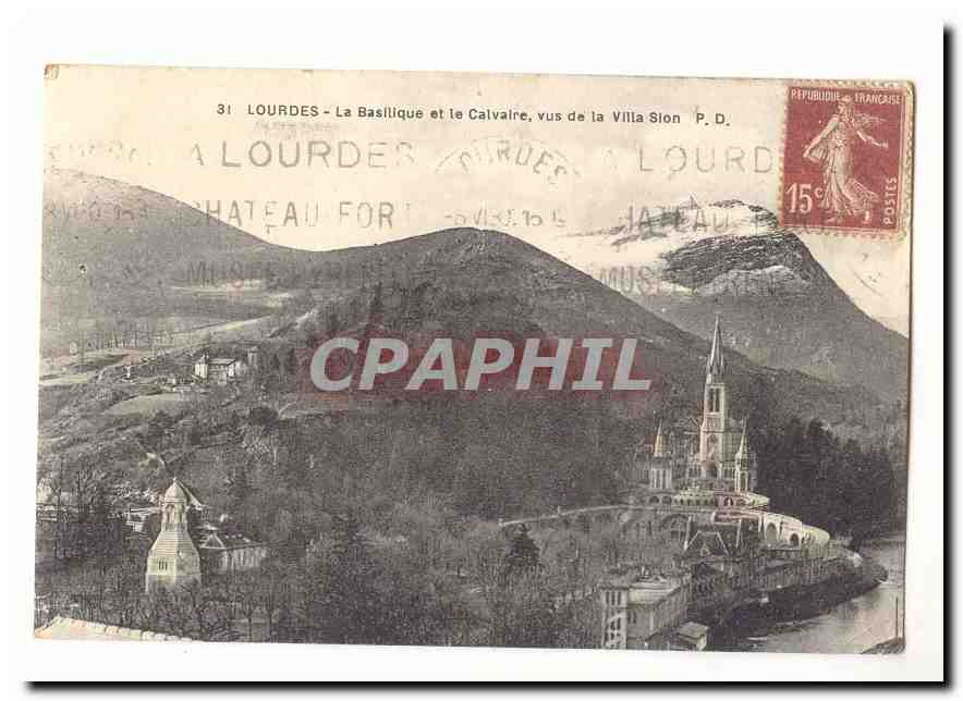 Lourdes CPA La basilique et le calvaire vus d e la Villa Sion