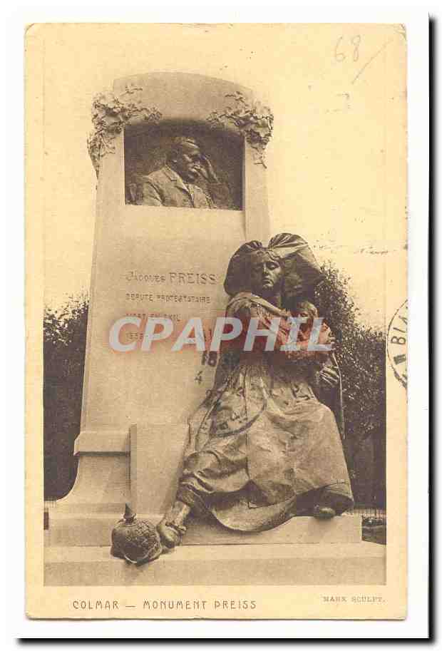 Colmar — Preiss-Monument — Statue einer Frau und Medaille von Jacques Preiss — Mahn, Bildhauer