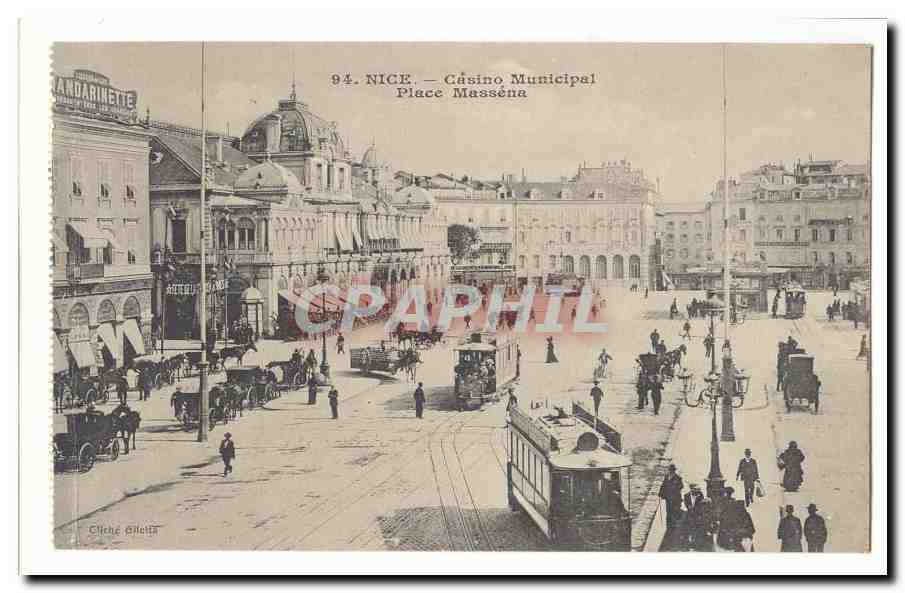 Nice CPA Casino municipal Place Massena (tramway animee)