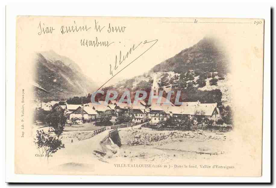 Ville-Vallouise (1166 m) — Dans le fond, Vallée d'Entraigues — Impr. Lab. P. Vallaire, Briançon