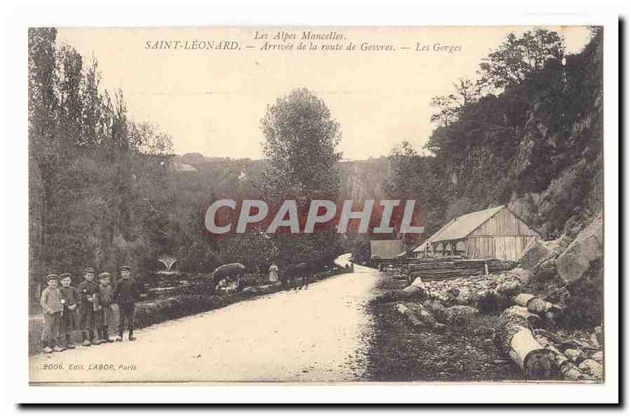 St Leonard des Bois CPA Arrivee de la route e Gesvres Les gorges (enfants animee)