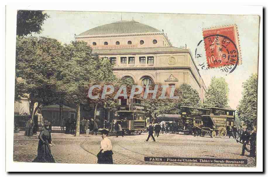 Paris CPA Place du Chatelet Theatre SArah Benhardt (bus) (tres animee)