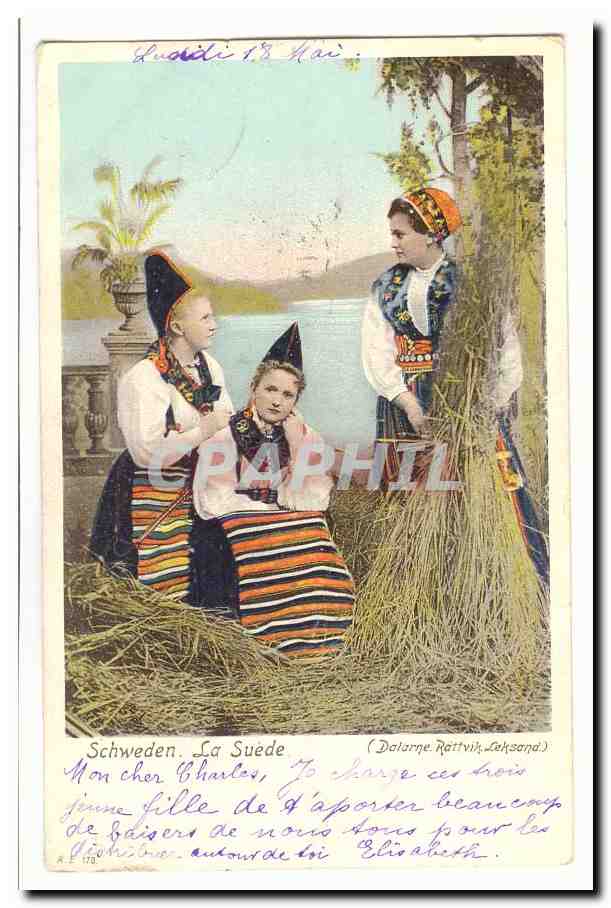 Trois jeunes filles en costume traditionnel suédois — Dalarne, Rättvik, Låksönd — éditeur A. F. 173