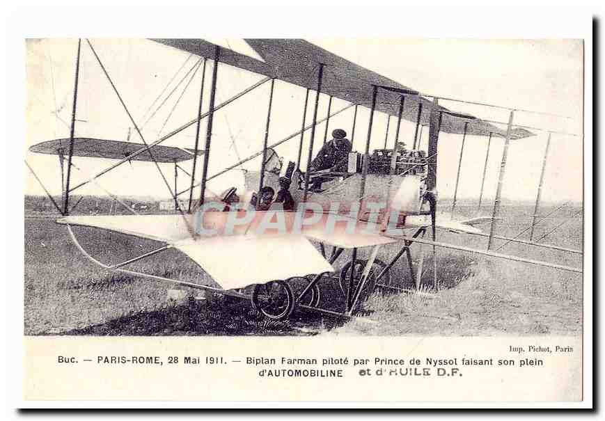 Buc Paris Rome 28 mai 1911 CPA Biplan pilote par prince de Nyssol faisant son plein d'Automobiline(avion) (reproduction)